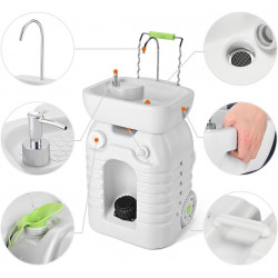 Kcelarec Fregadero portátil de camping con toallero y dispensador de jabón,  soporte para lavabo de mano con ruedas rodantes, para eventos al aire